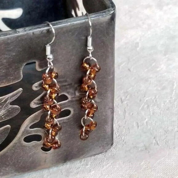 Handcrafted Glass Bead Cascade Drops Dangle Earrings Brown and Silver - Picture 1 of 1